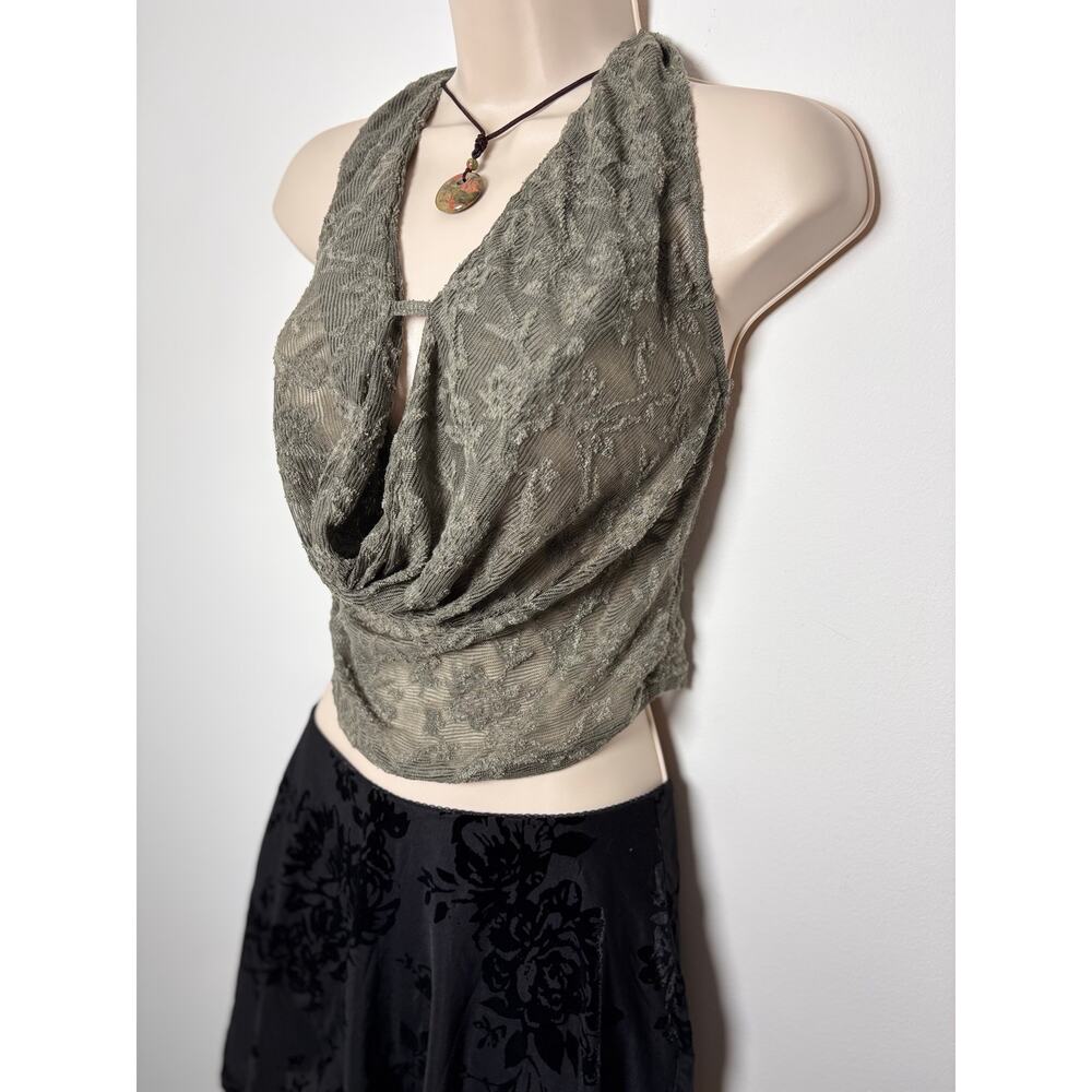Motel Rocks Olive Green Lace Halter Drape Top - Picture 2 of 6